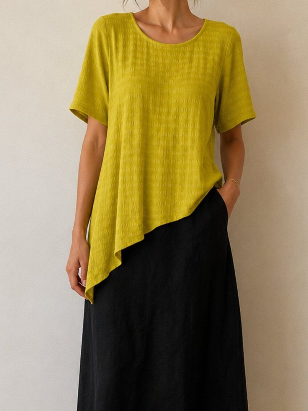 FENINI Textured Chartreuse Asymmetrical Tunic Top Size Medium Boho Artsy